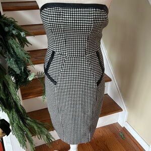 NWT ABS Allan Schwartz Strapless Houndstooth Wool Dress Sz 2 Leather Trim Mini
